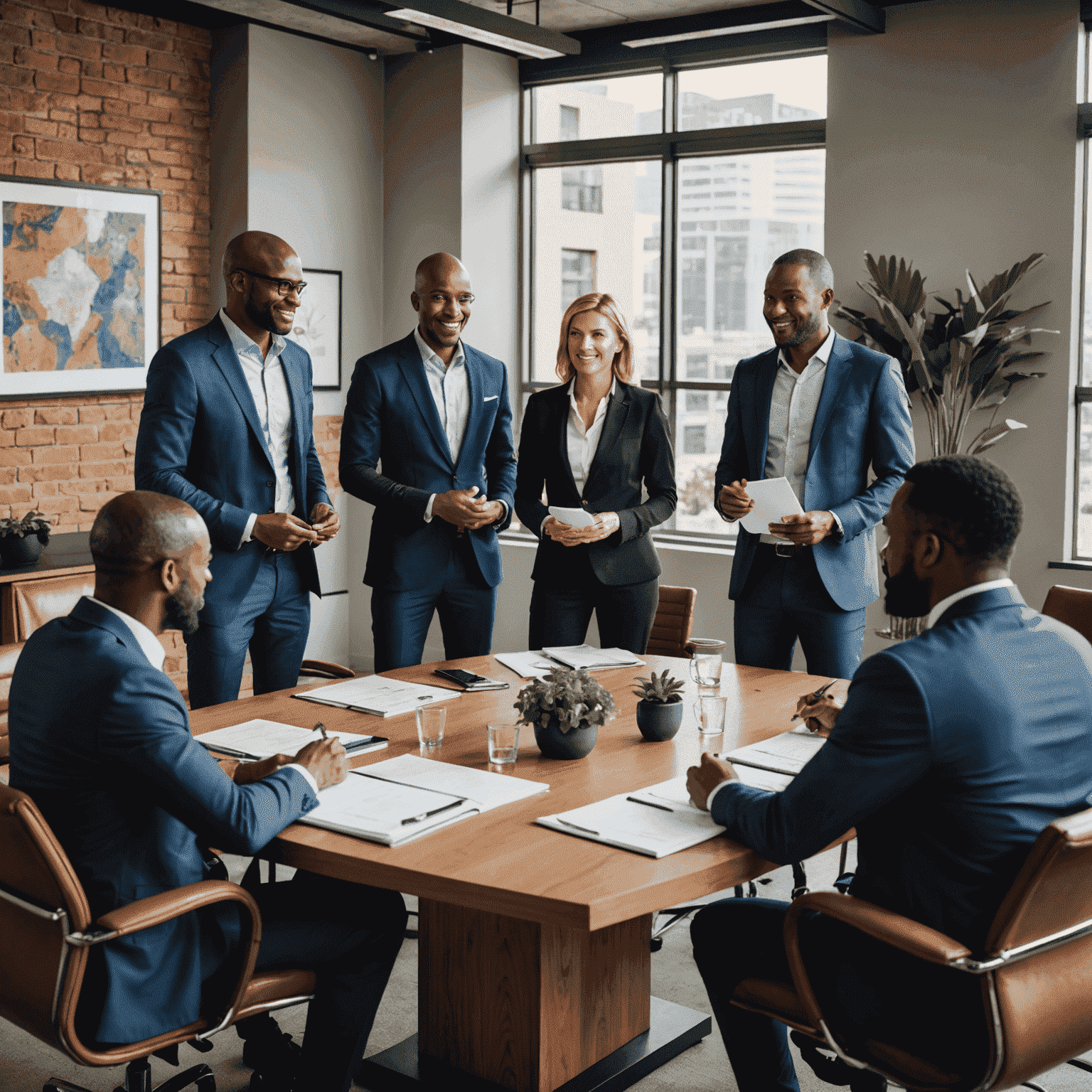 A team of business professionals gathered around a conference table, discussing strategic plans and growth opportunities for their company in the South African market.