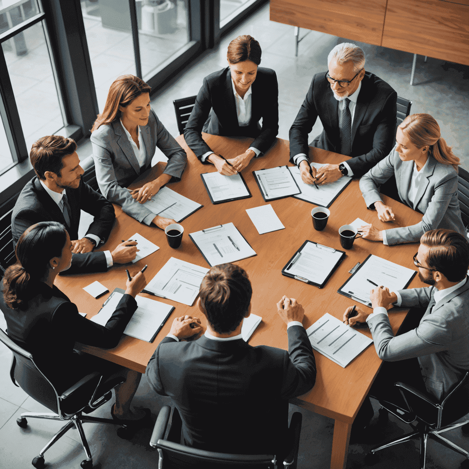 A diverse business team gathered around a conference table, collaborating on a strategic plan. The image conveys professionalism, teamwork, and a focus on long-term success.