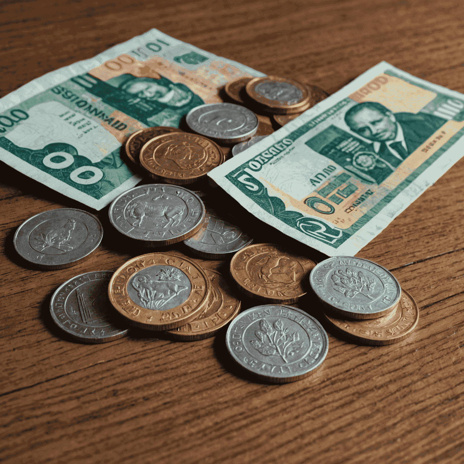 South African Rand coins and banknotes on a wooden table, representing financial challenges for businesses