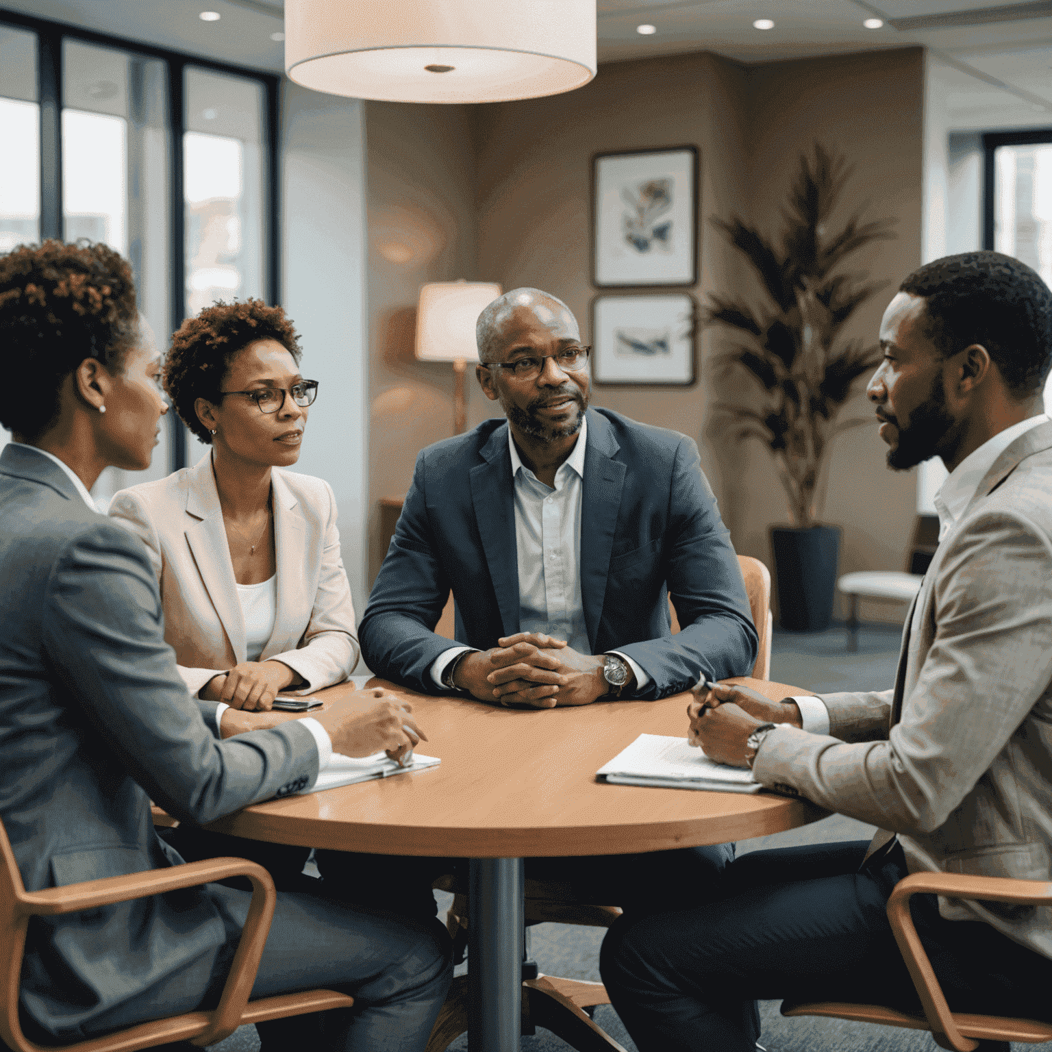 A group of diverse South African business professionals in a meeting room, discussing management consulting strategies and trends