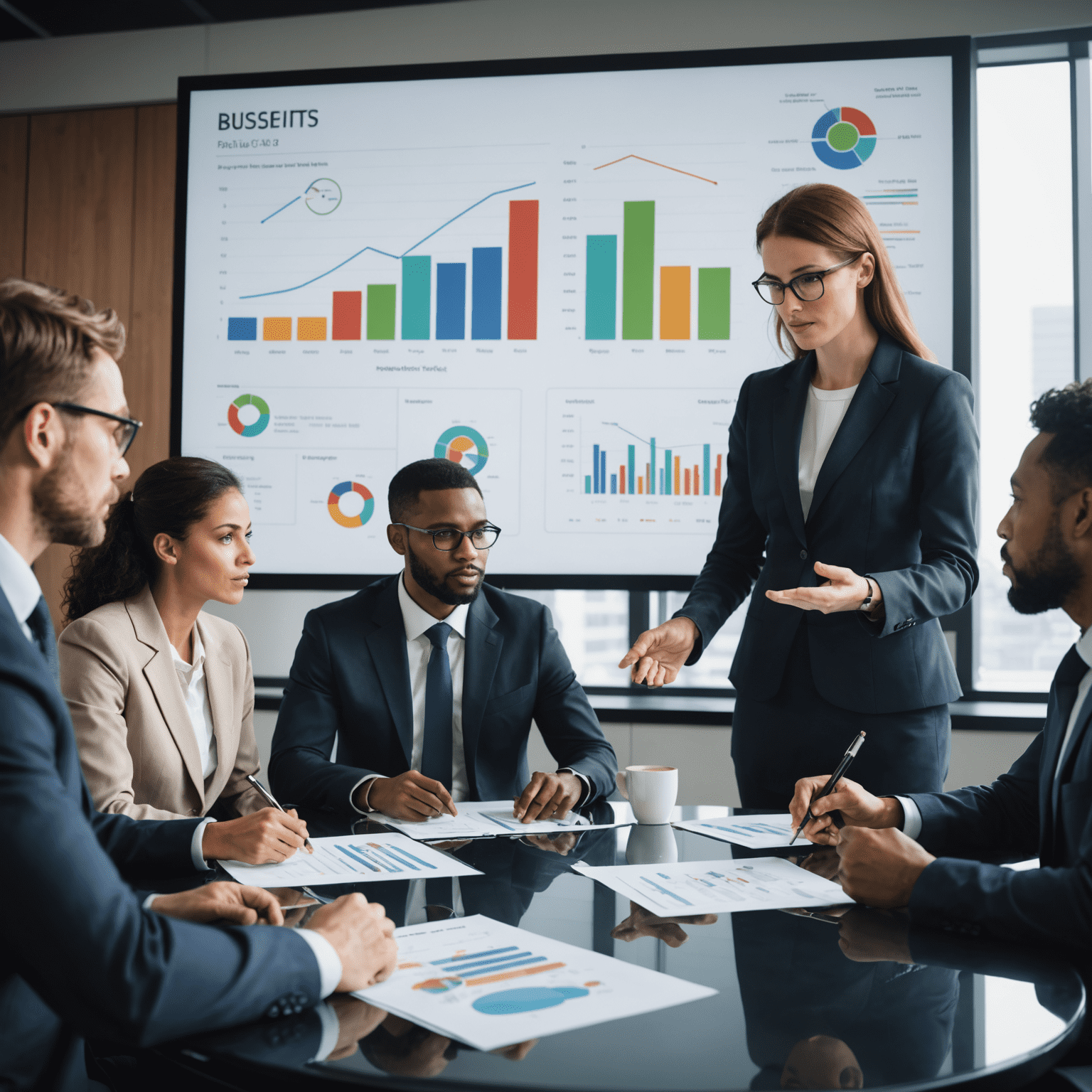 A team of business professionals discussing risk management strategies around a conference table, with charts and graphs on a screen in the background