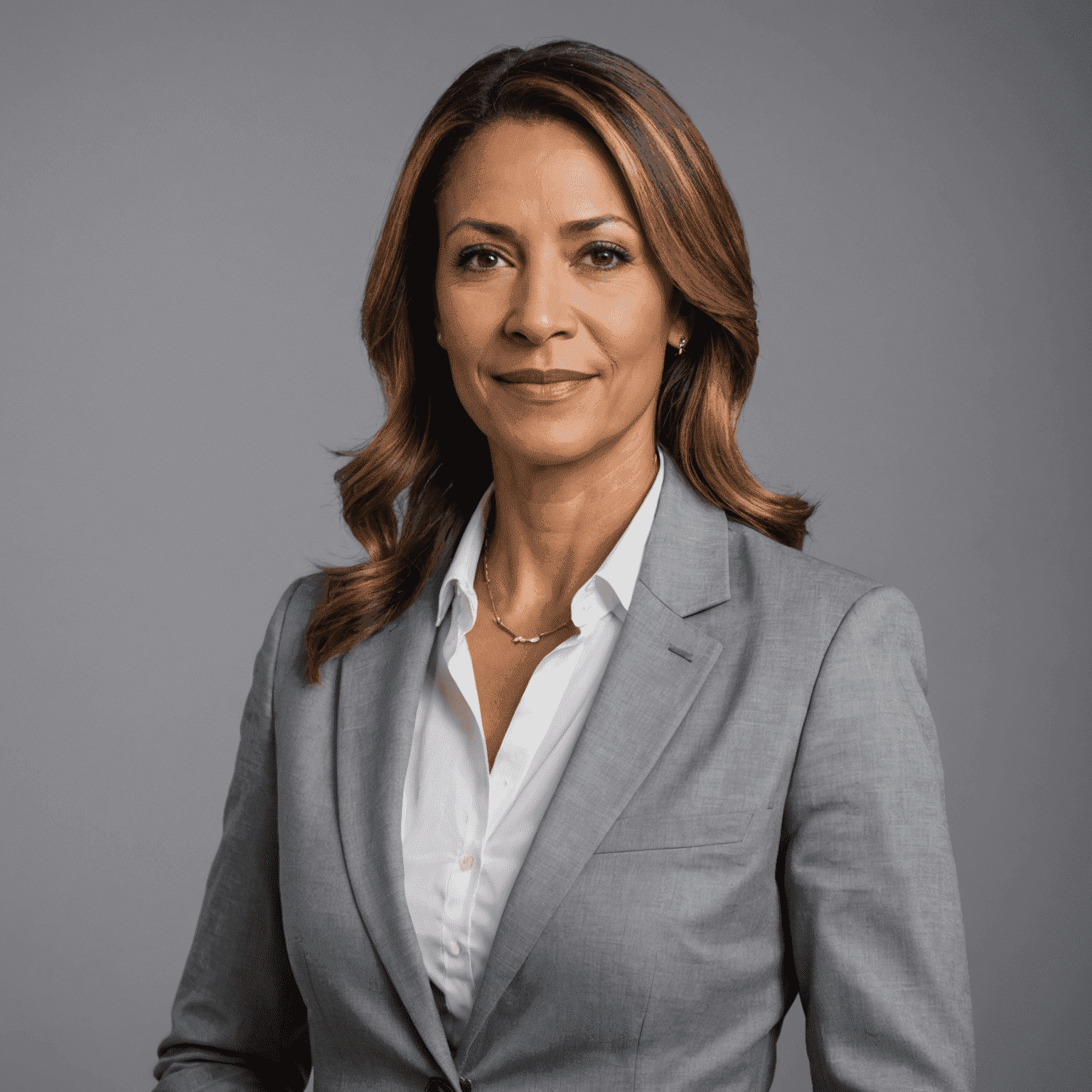 Portrait of the managing director of Rainbow Nation Consulting, a professional-looking woman in her 40s wearing a business suit