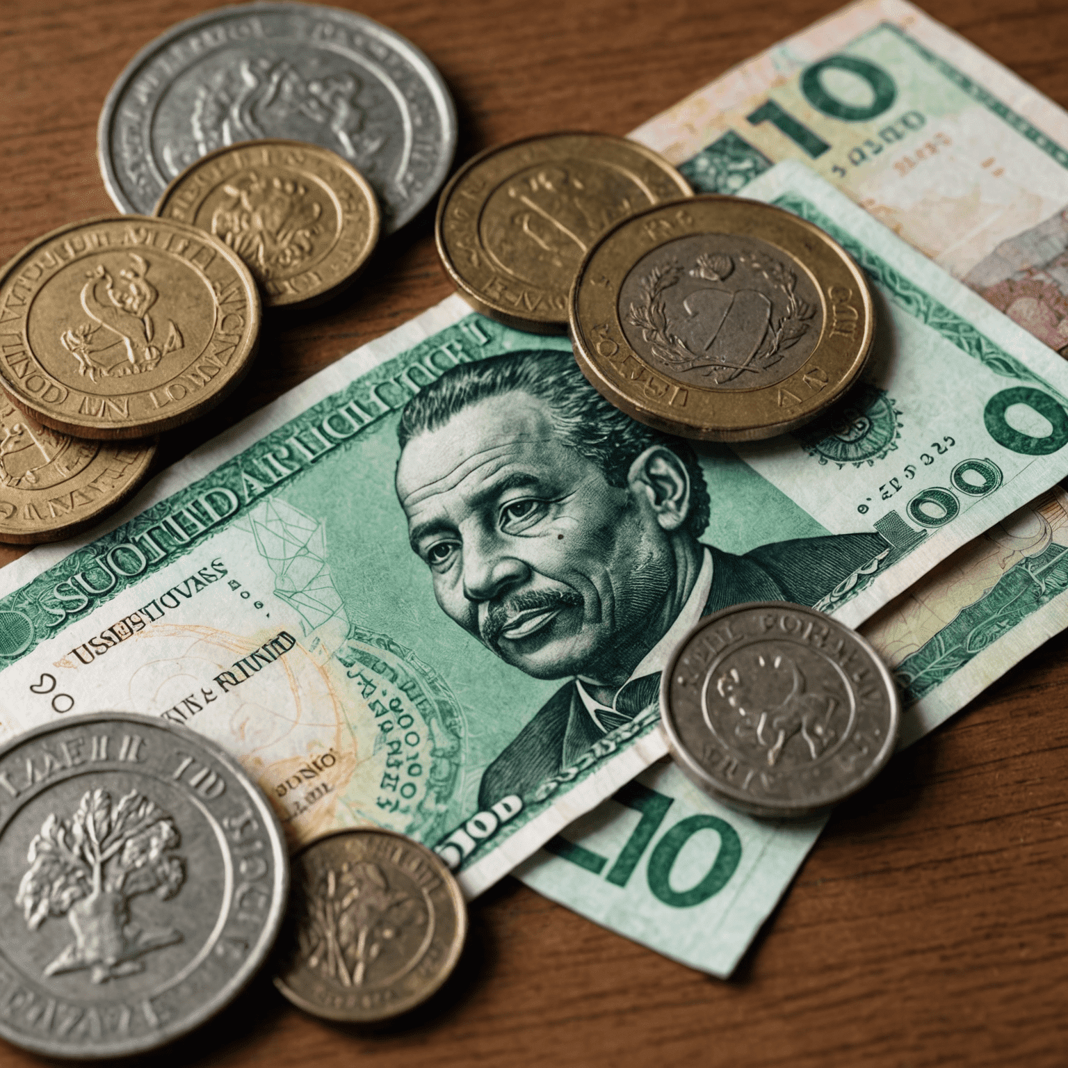 South African Rand banknotes and coins, symbolizing financial challenges