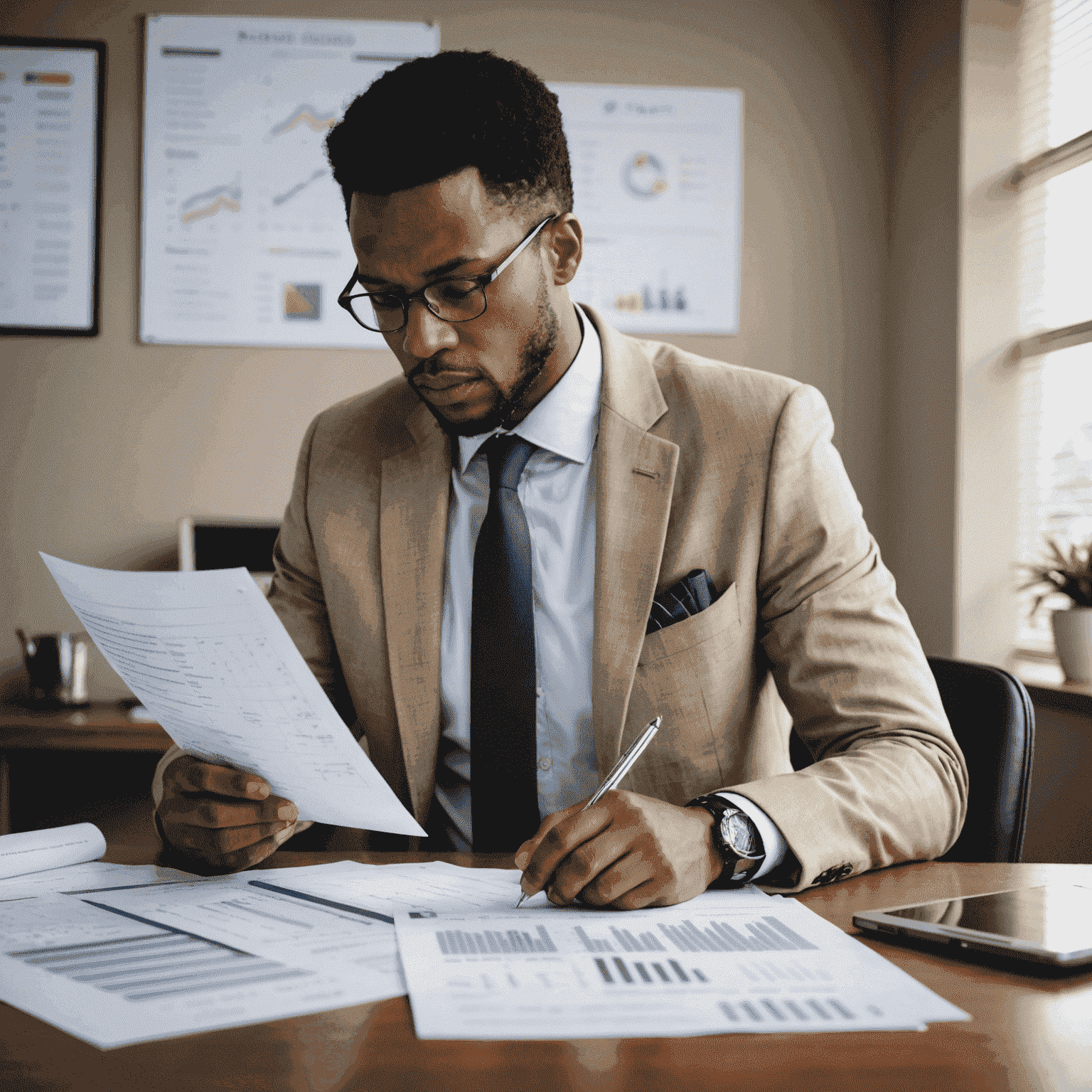 A stressed business owner reviewing financial documents and charts, seeking solutions to navigate the economic challenges faced by their South African business.