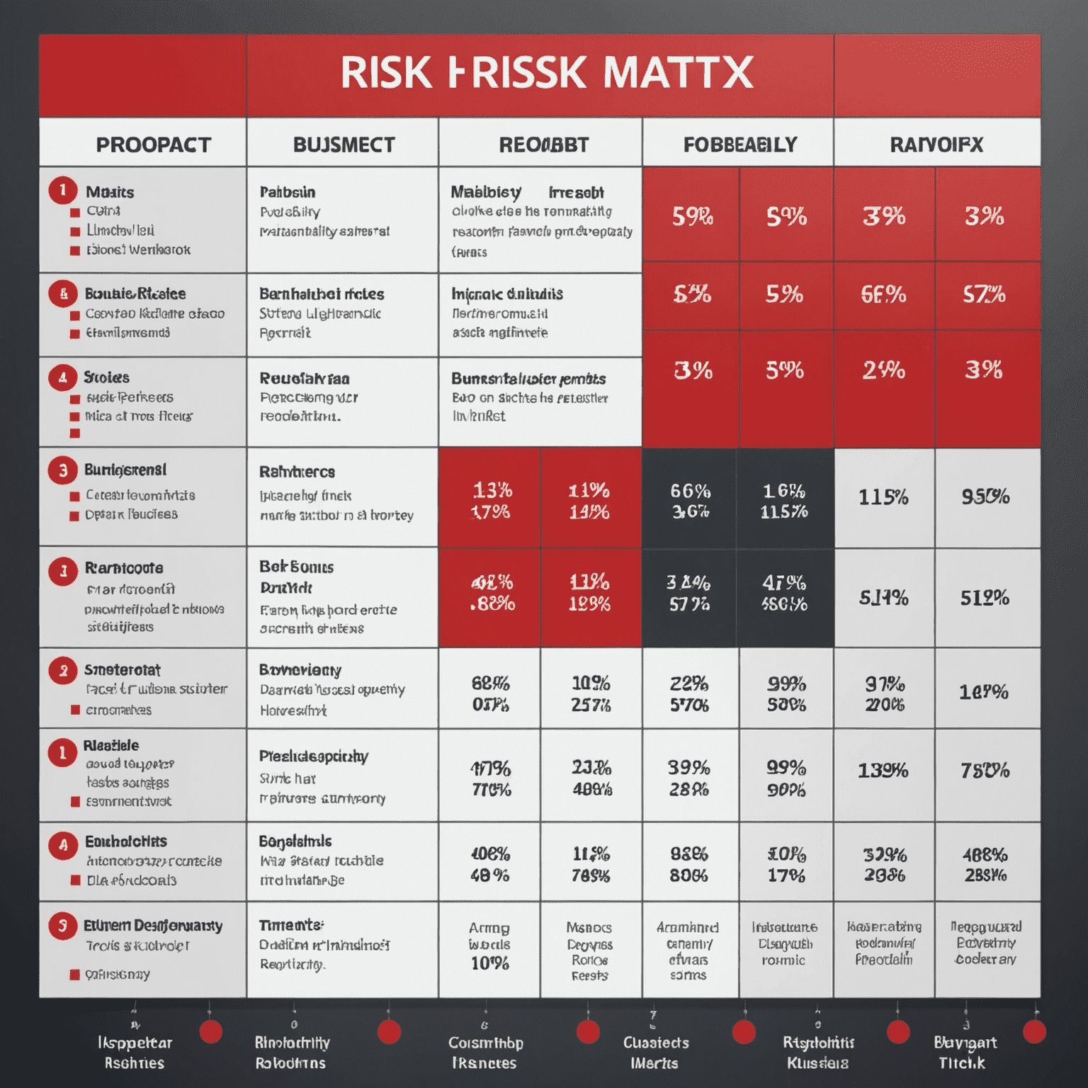 A risk matrix diagram showing the probability and impact of various business risks, with high-impact and high-probability risks highlighted in red