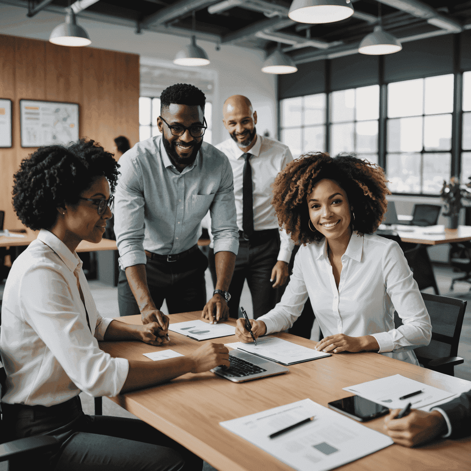 A diverse group of employees collaborating in a modern office setting, showcasing the benefits of an inclusive workplace culture.