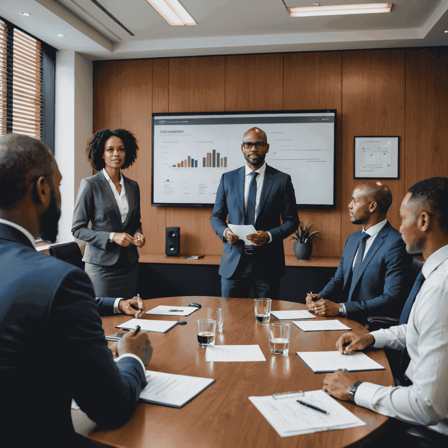 A management consultant presenting data-driven insights and strategies to a client's executive team in a South African boardroom.